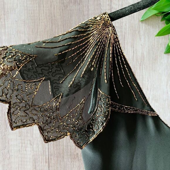 Vintage 60s Black Dress Elegant Beaded Collar Shoulder Drop Waist - Picture 6 of 11